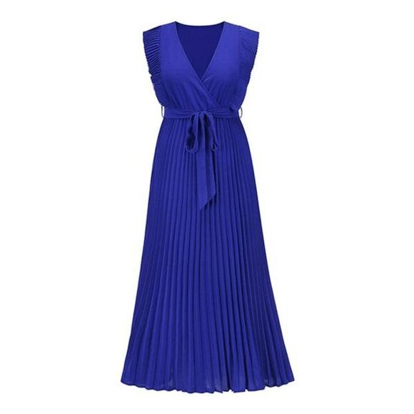 C.CLINE Blue Belted Flutter-Sleeve Pleated A-Line Dress M - Picture 3 of 10